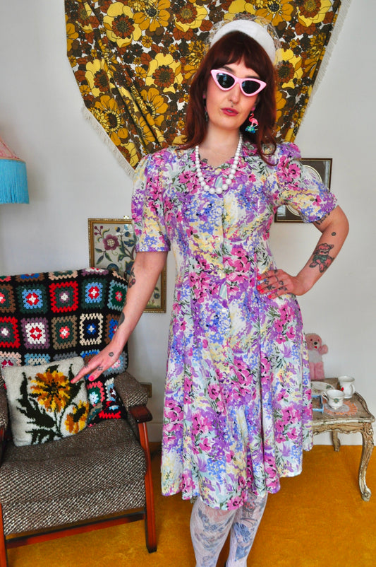 Vintage 80s Pastel Floral Midi Dress
