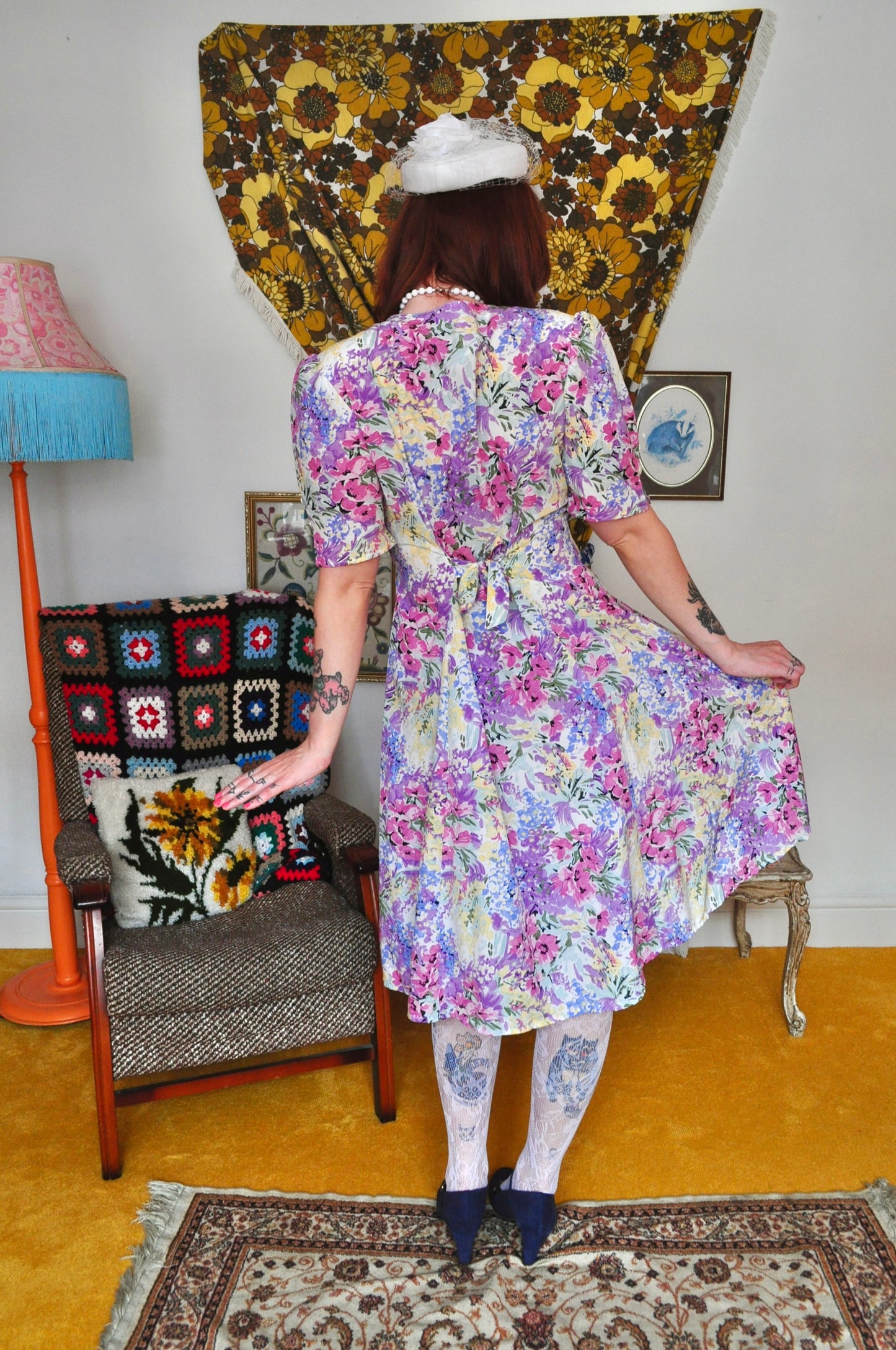 Vintage 80s Pastel Floral Midi Dress
