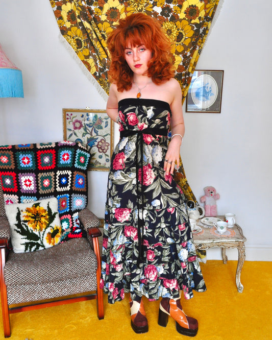 Vintage 80s Dark Floral Bandeau Dress