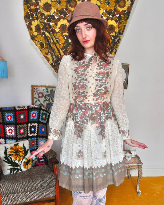 Vintage 70s Cream Floral Mini Dress