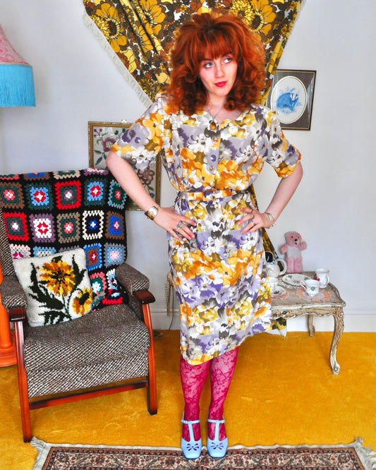 Vintage 80s Yellow Pastel Floral Tea Dress