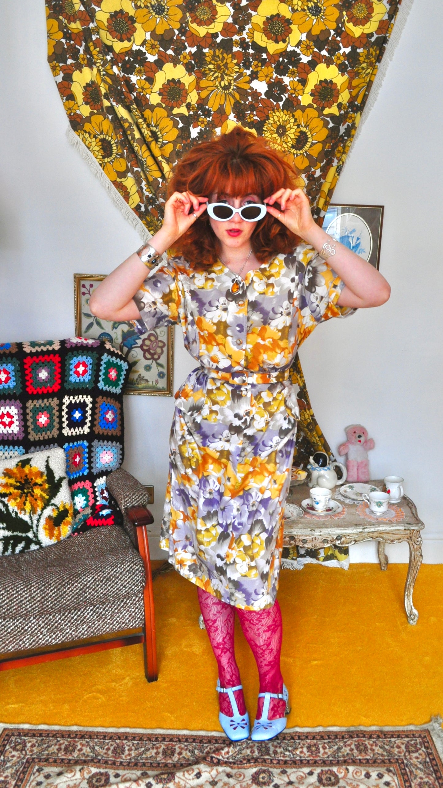 Vintage 80s Yellow Pastel Floral Tea Dress