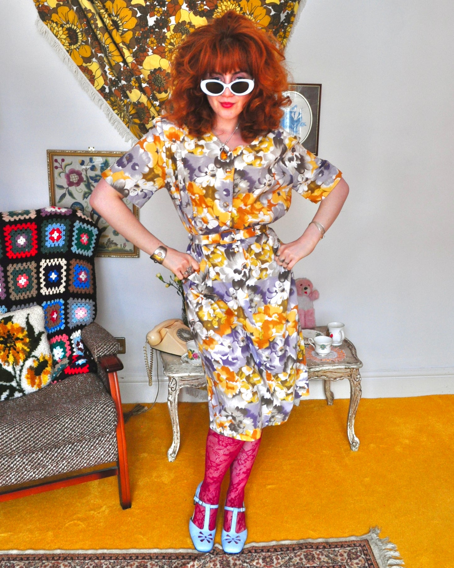 Vintage 80s Yellow Pastel Floral Tea Dress