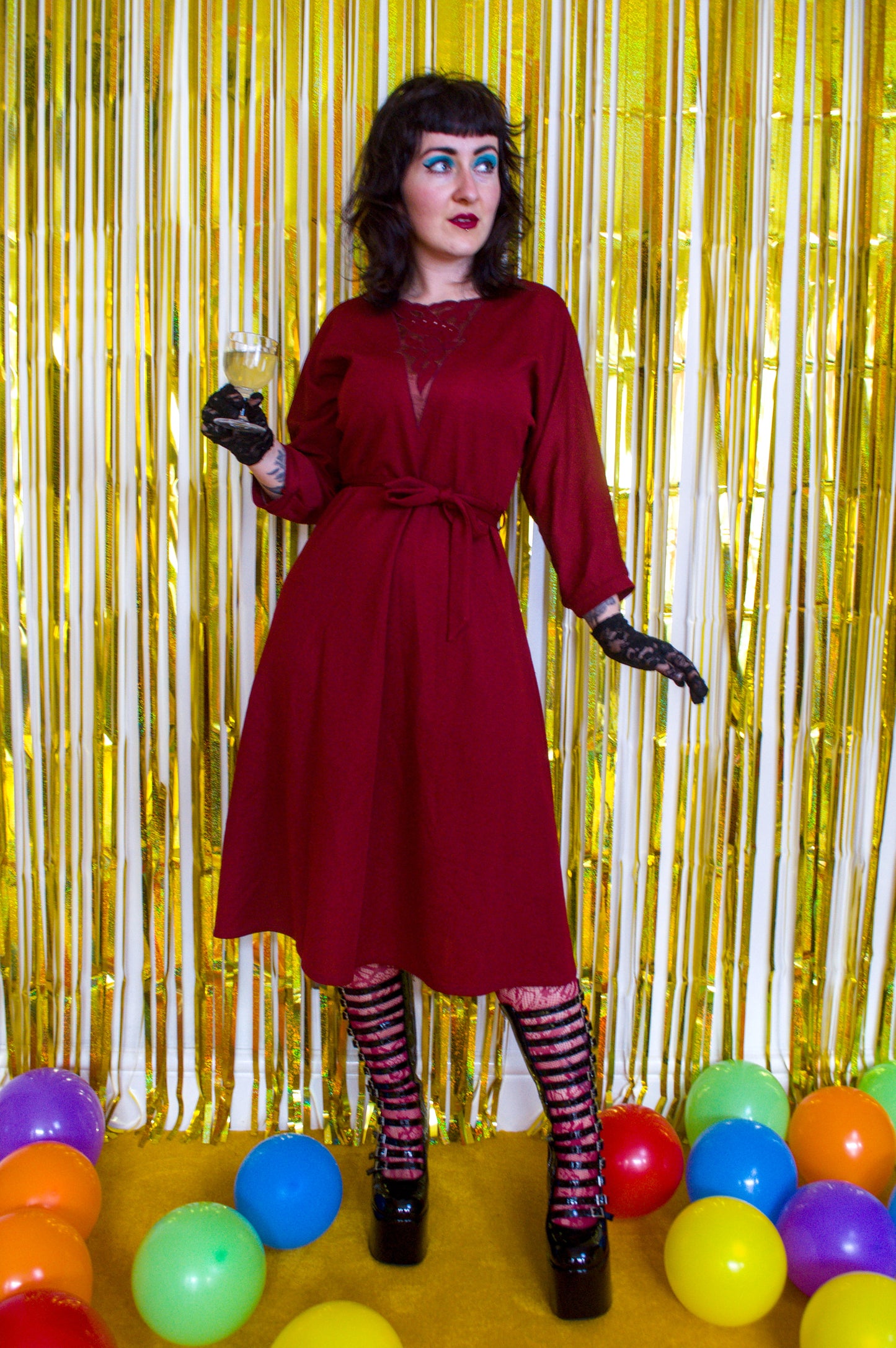 Vintage 80s Maroon Red Midi Dress