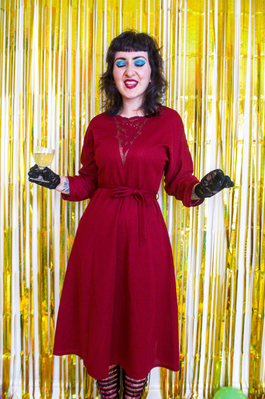 Vintage 80s Maroon Red Midi Dress