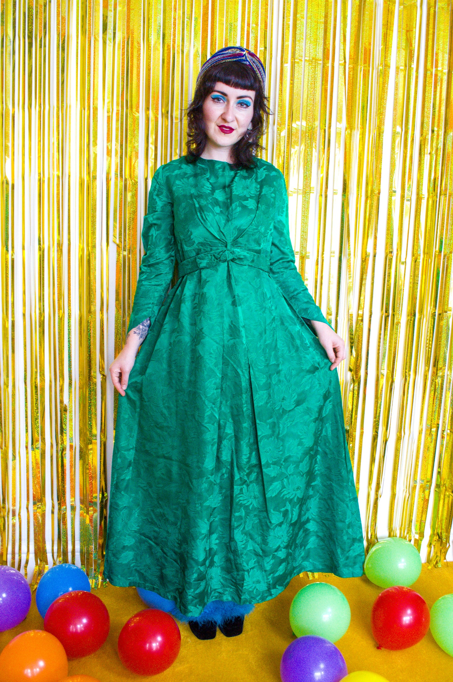 Vintage 60s Green Brocade Midi Dress