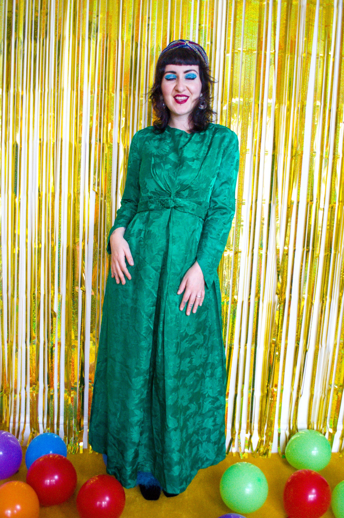 Vintage 60s Green Brocade Midi Dress