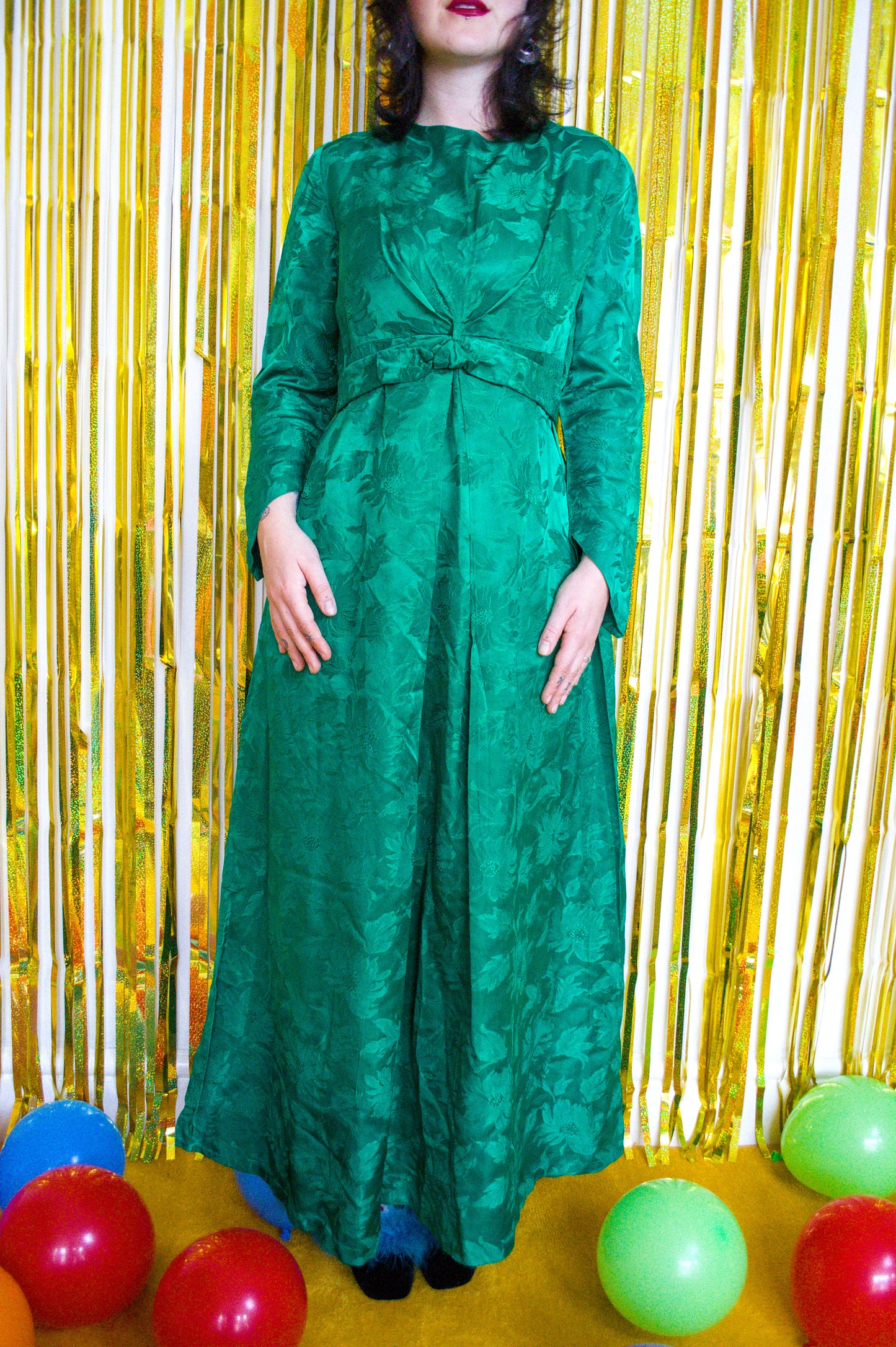Vintage 60s Green Brocade Midi Dress