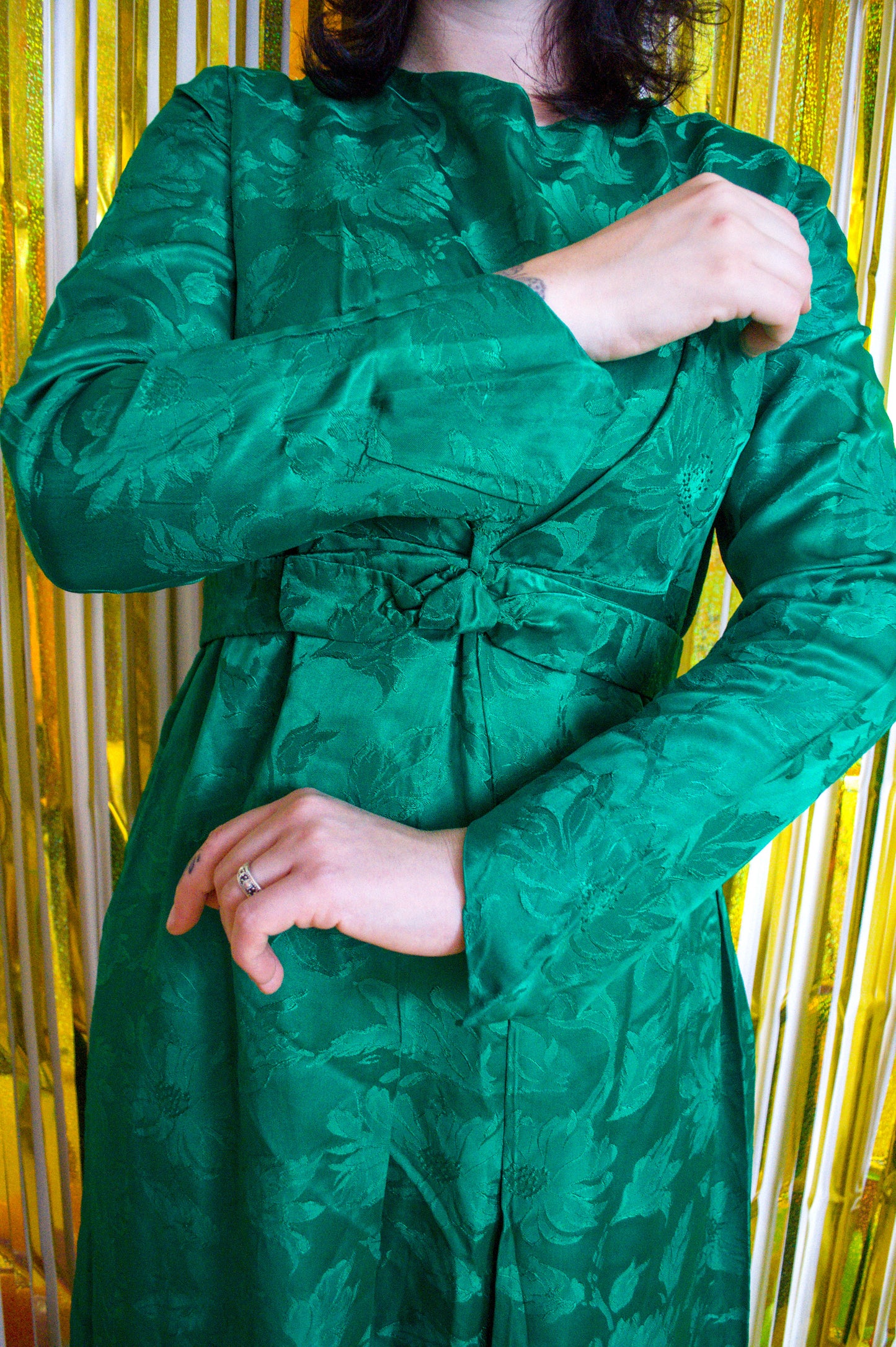 Vintage 60s Green Brocade Midi Dress