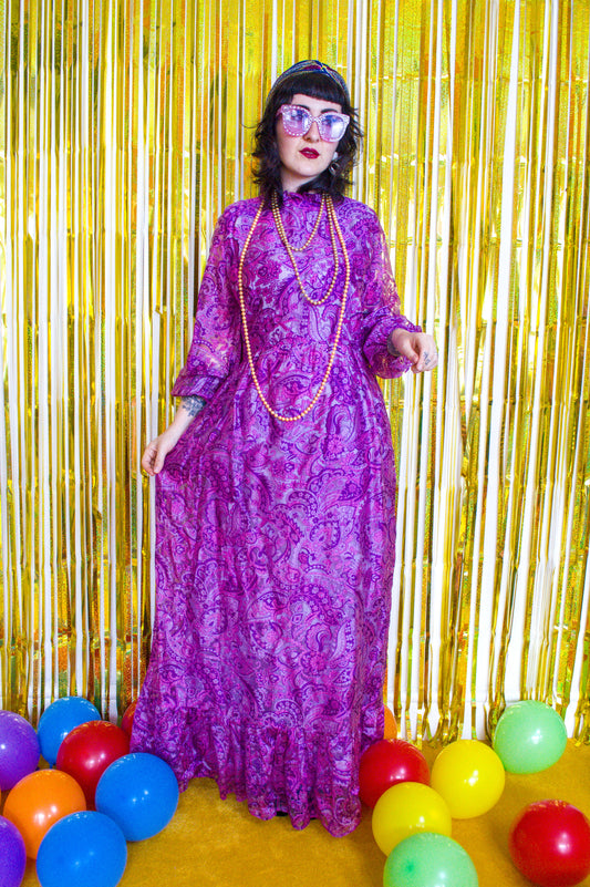 Vintage 70s Pink Paisley Maxi Dress