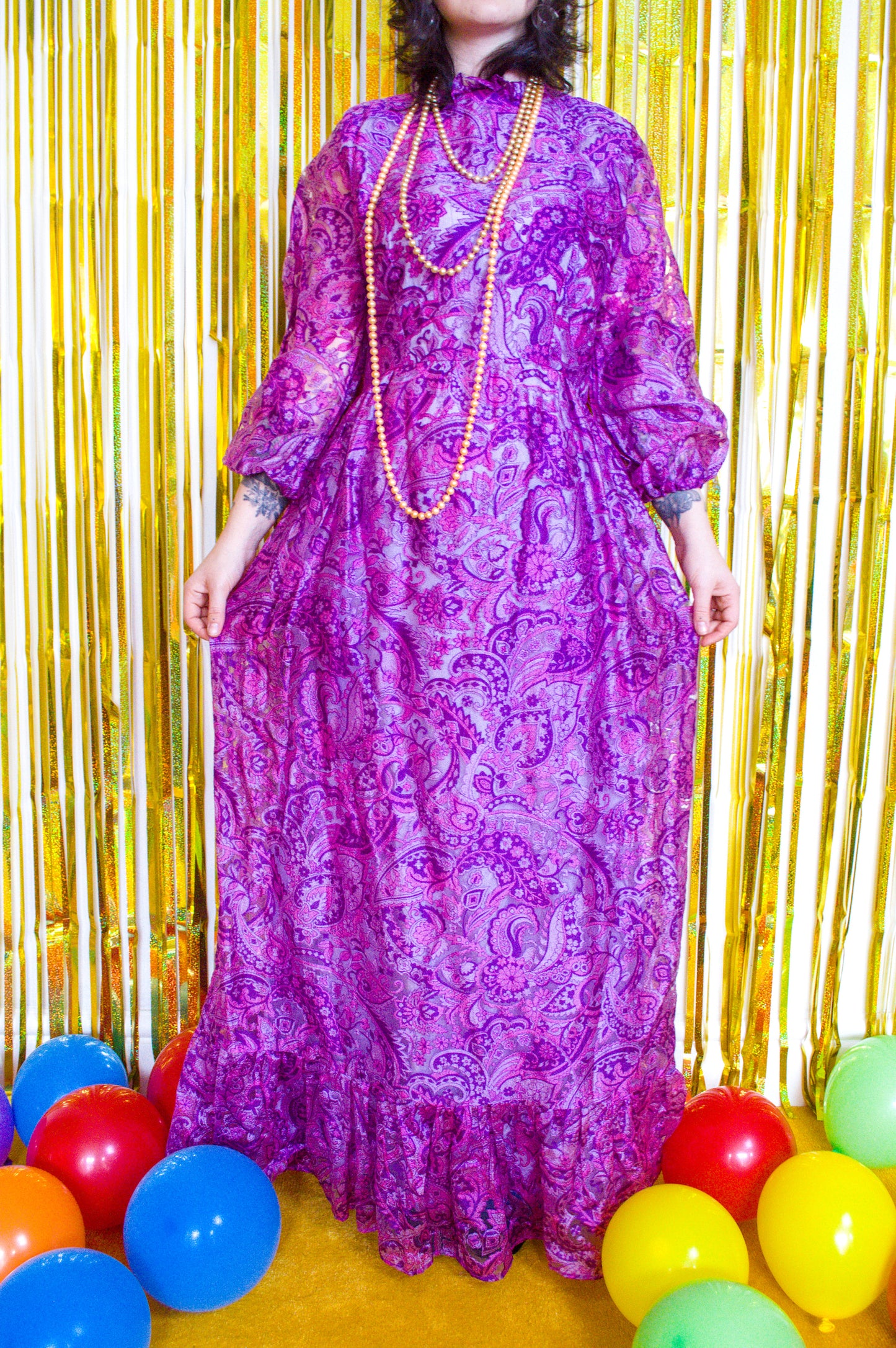 Vintage 70s Pink Paisley Maxi Dress