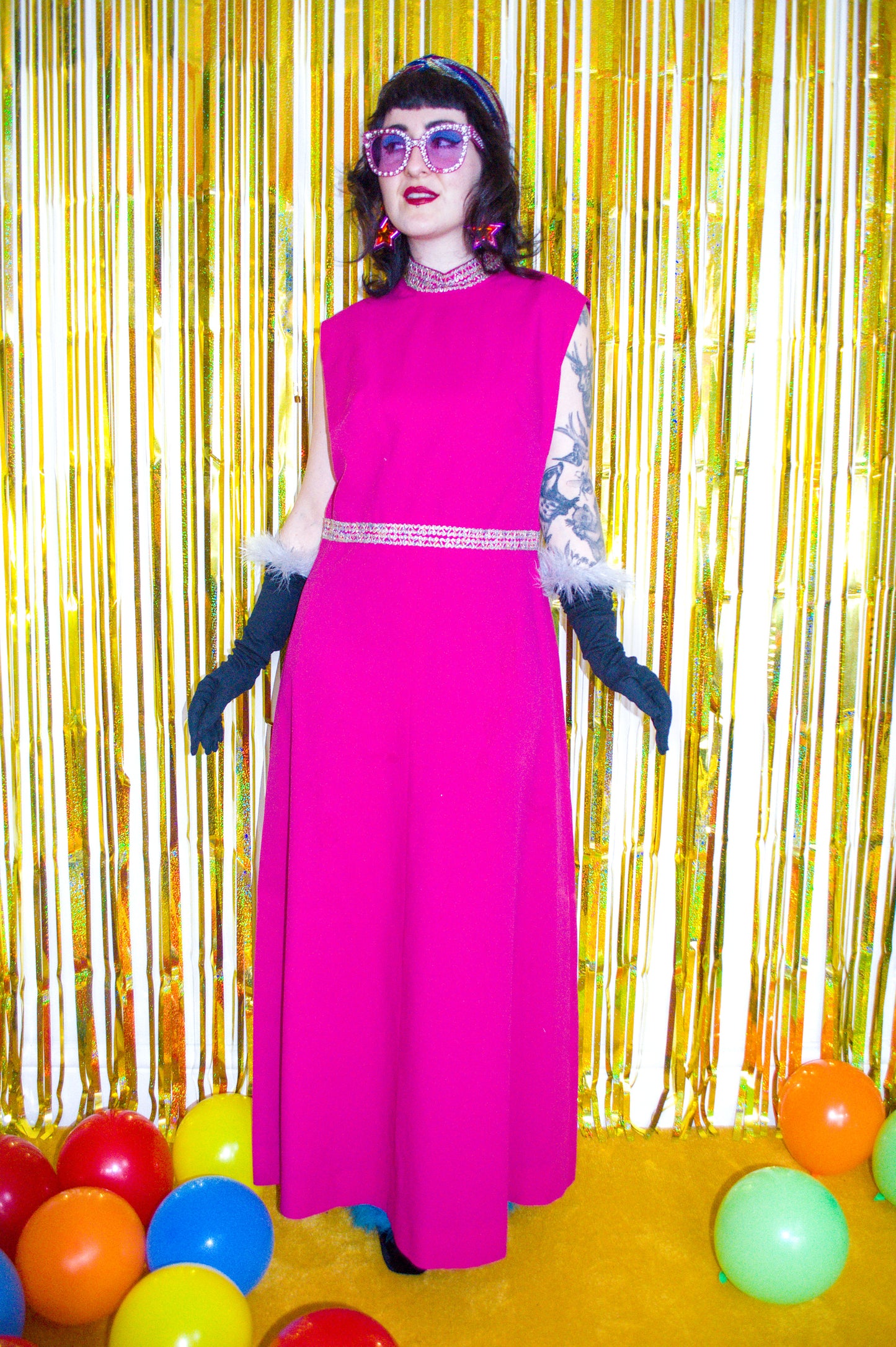 Vintage 60s 70s Pink and Gold Sleeveless Maxi Dress