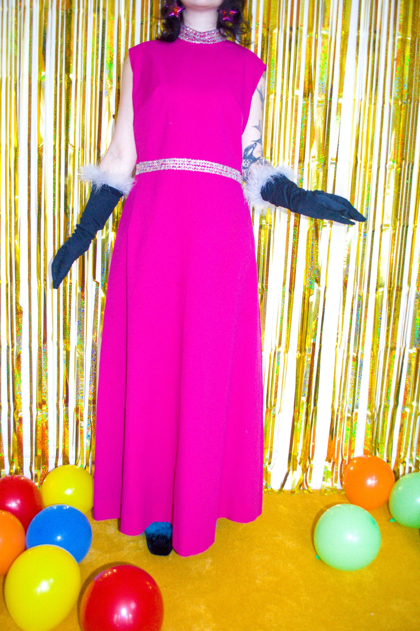 Vintage 60s 70s Pink and Gold Sleeveless Maxi Dress