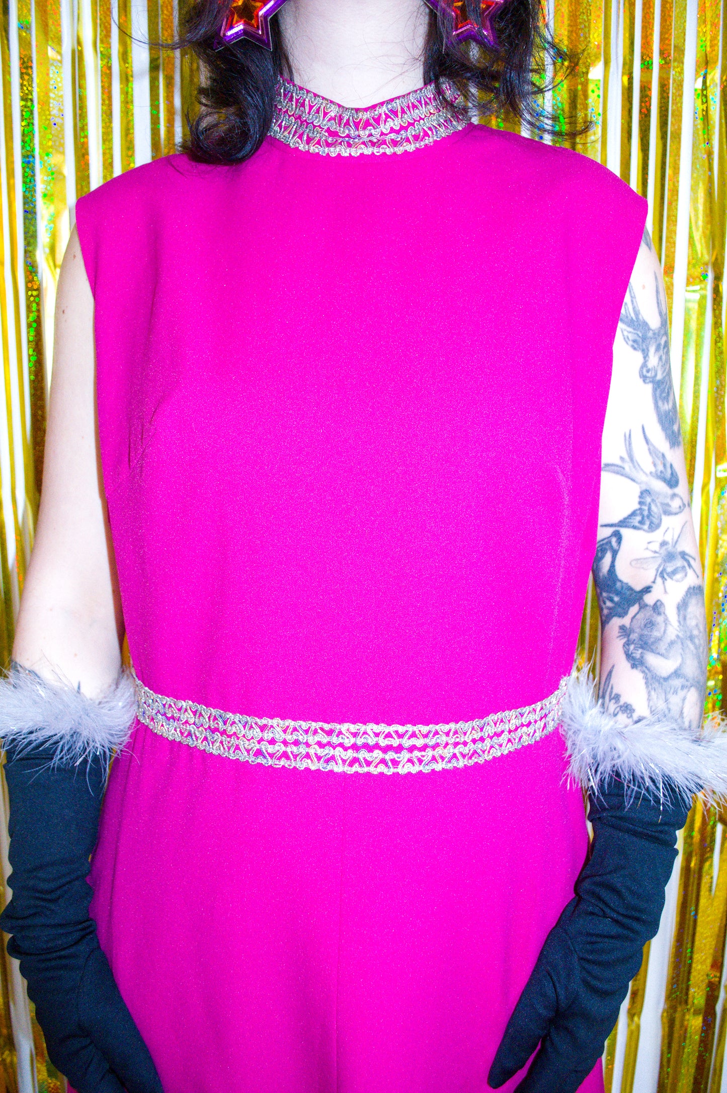 Vintage 60s 70s Pink and Gold Sleeveless Maxi Dress