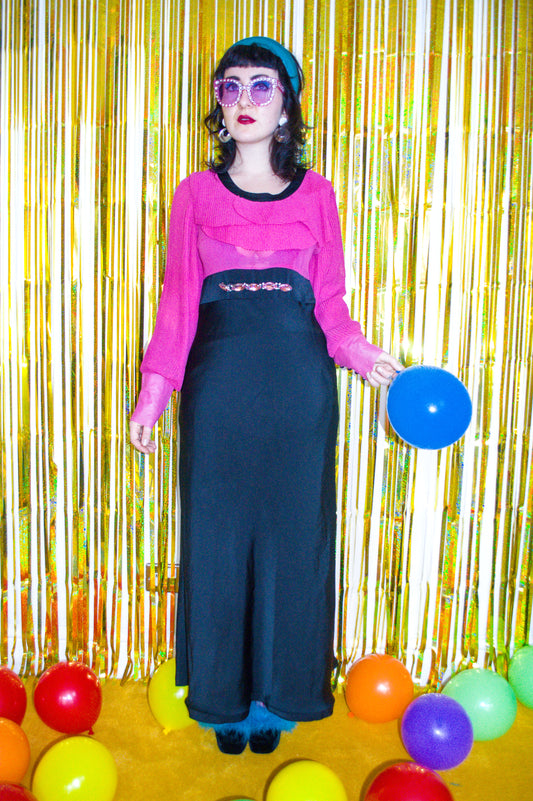 Vintage 70s Pink and Black Maxi Dress