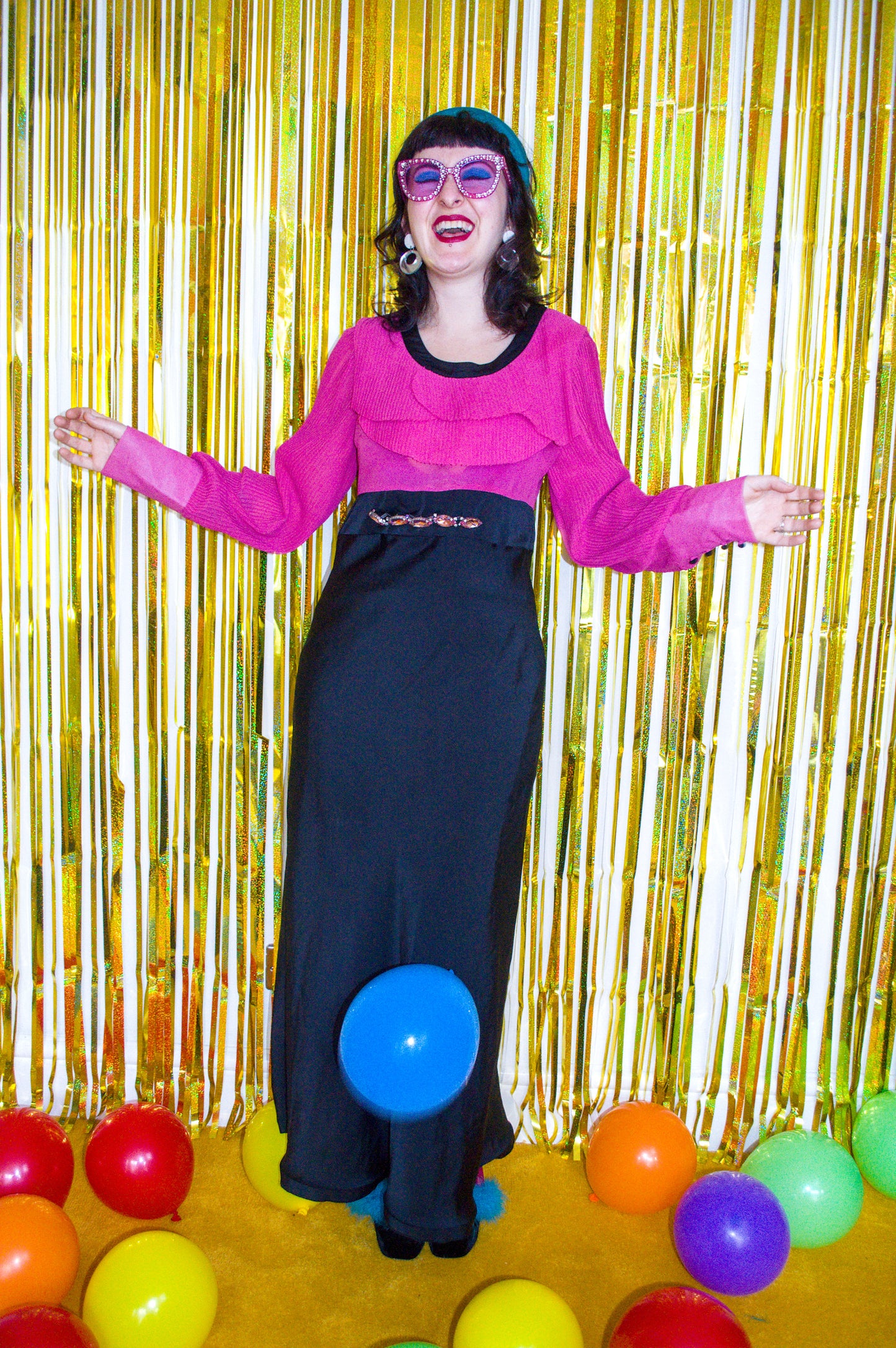 Vintage 70s Pink and Black Maxi Dress