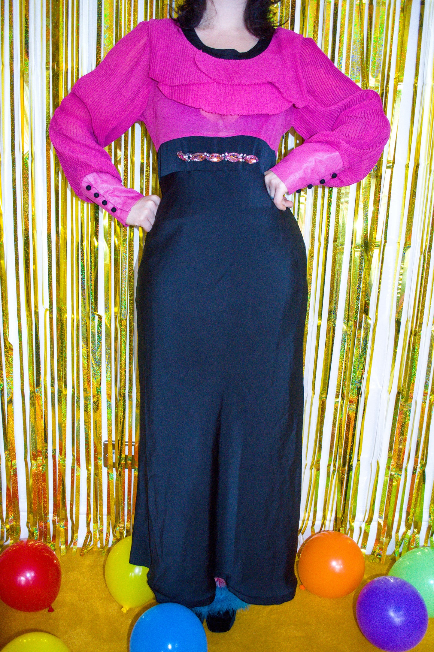Vintage 70s Pink and Black Maxi Dress