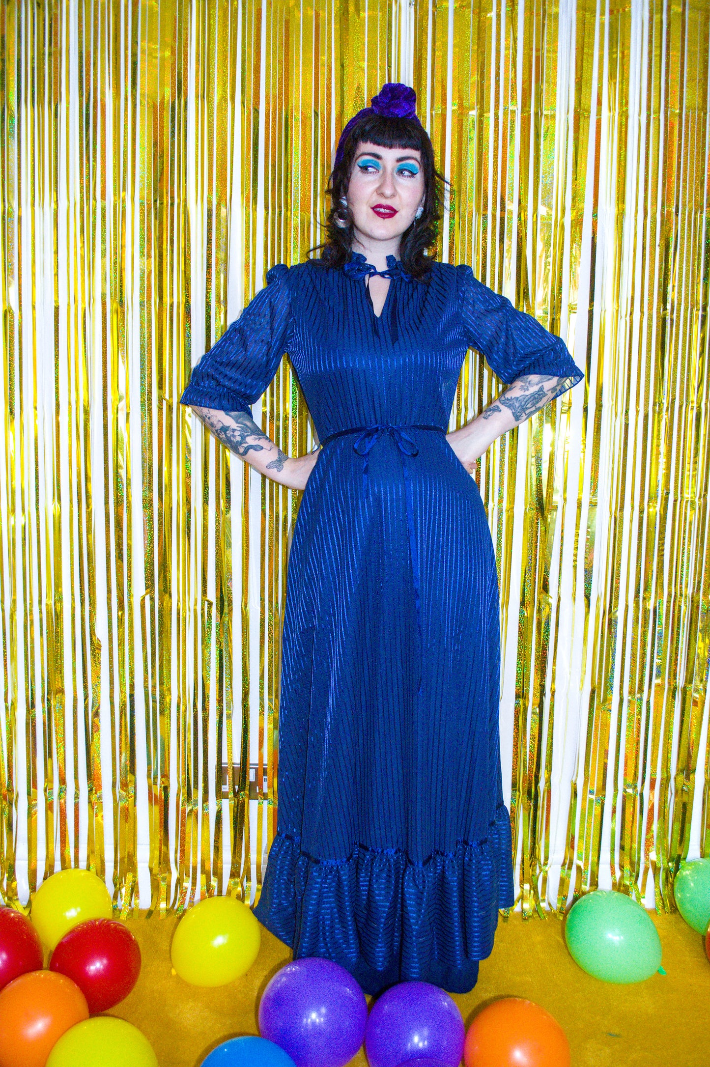 Vintage 70s Navy Blue Maxi Dress