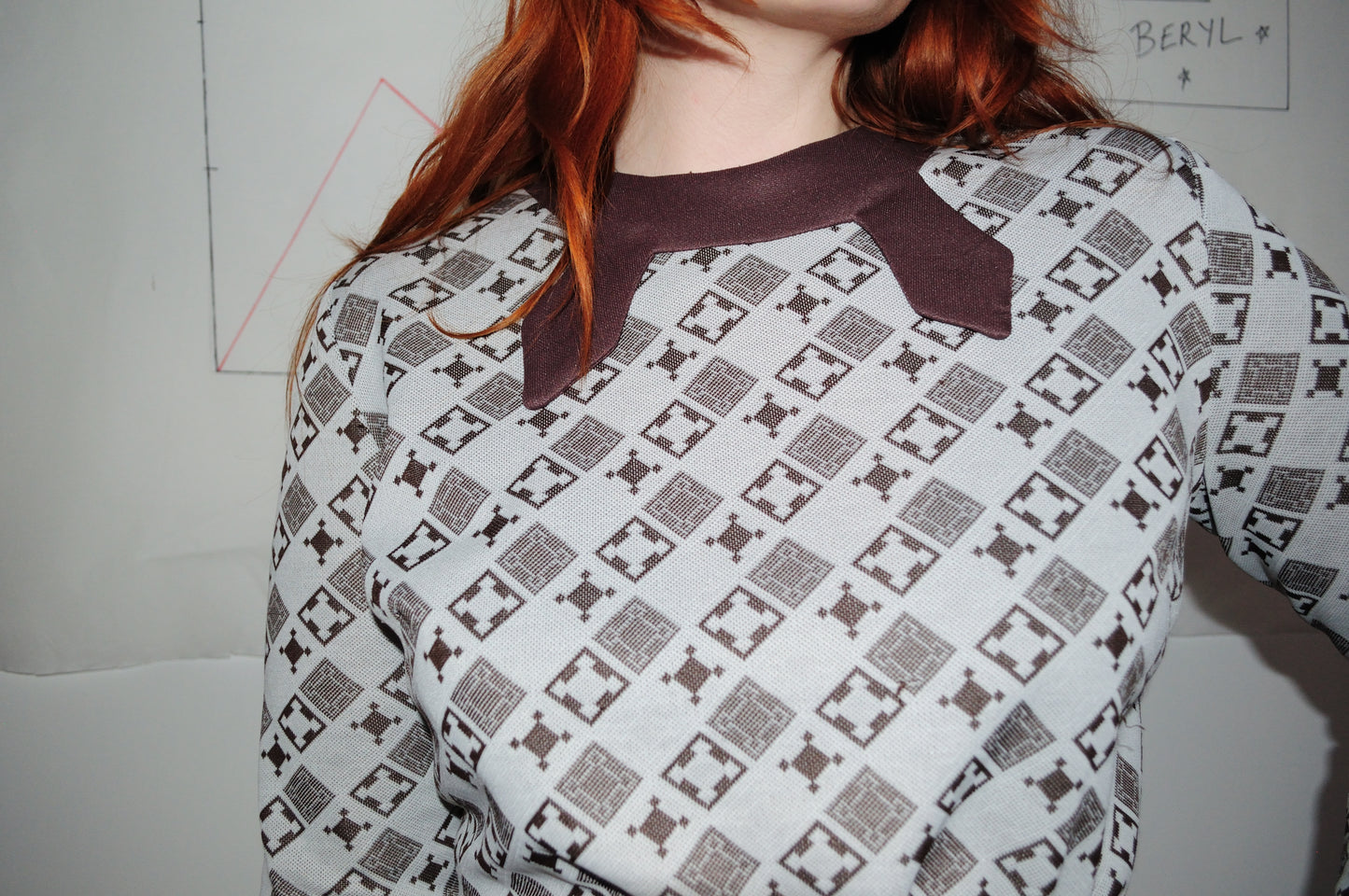 Vintage 70s Brown and Grey Print Knee Dress