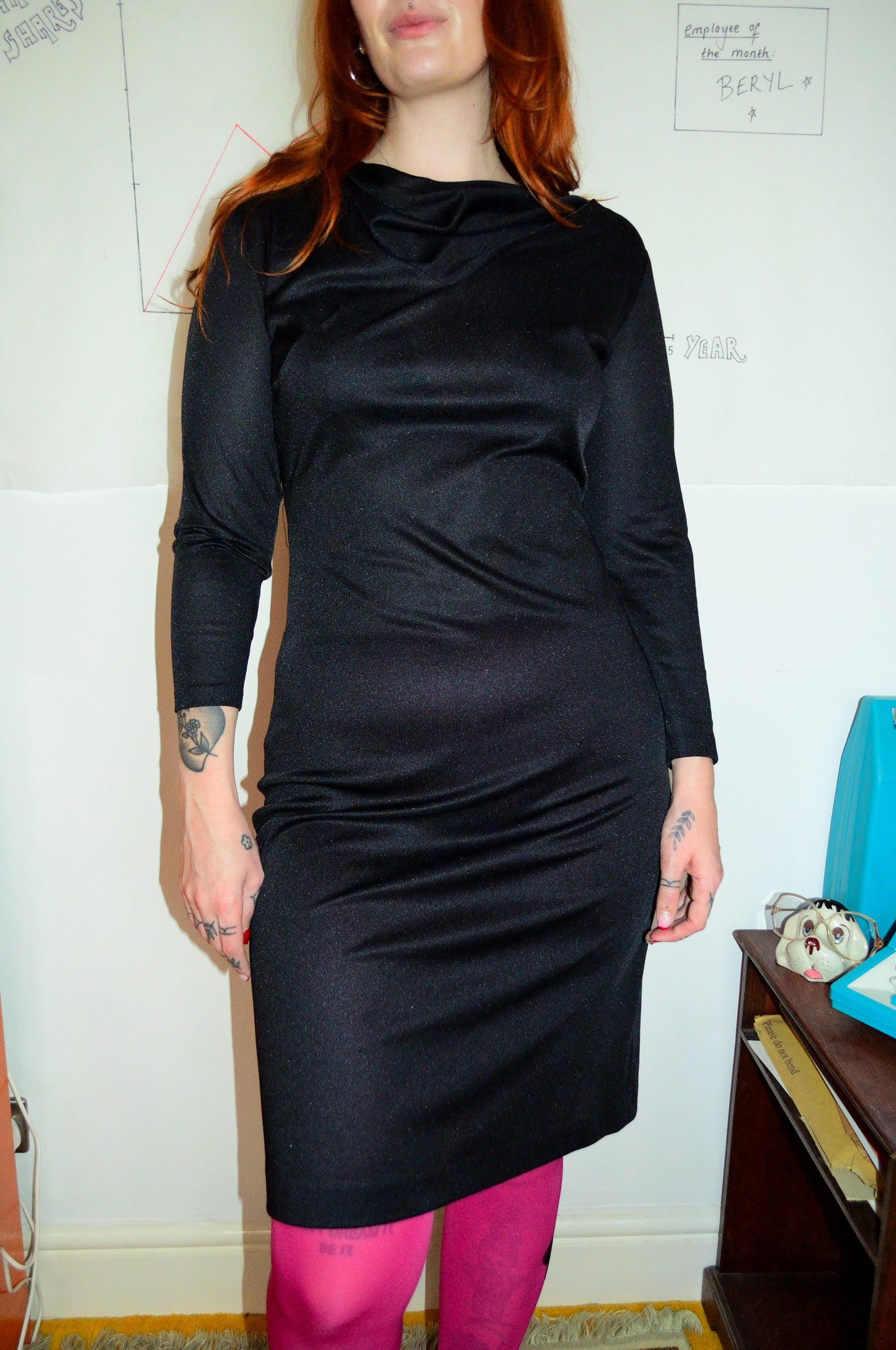 Vintage 70s Black Glenard Cowl Neck Dress