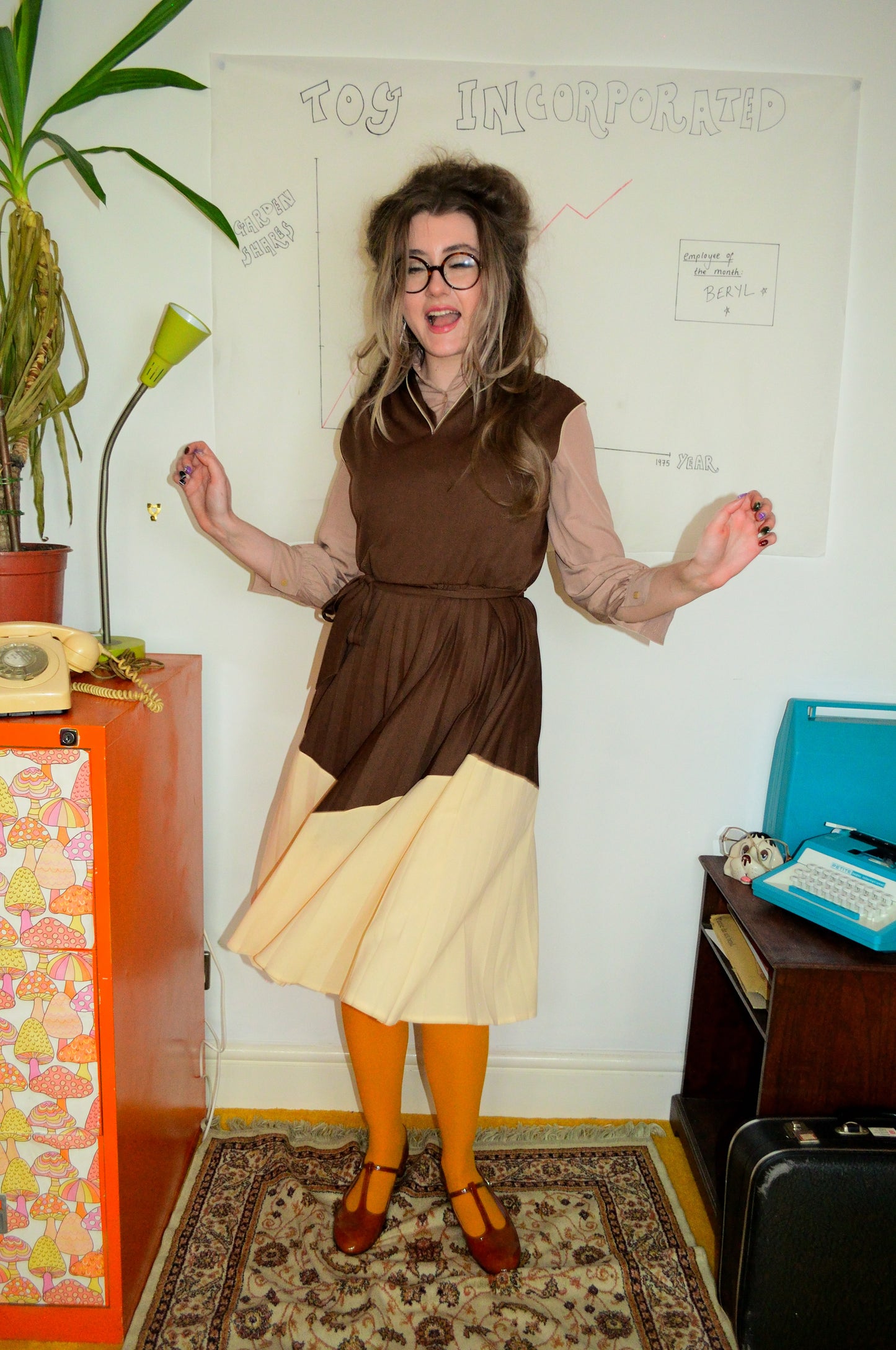 Vintage 70s Brown and Cream Fit and Flare Dress