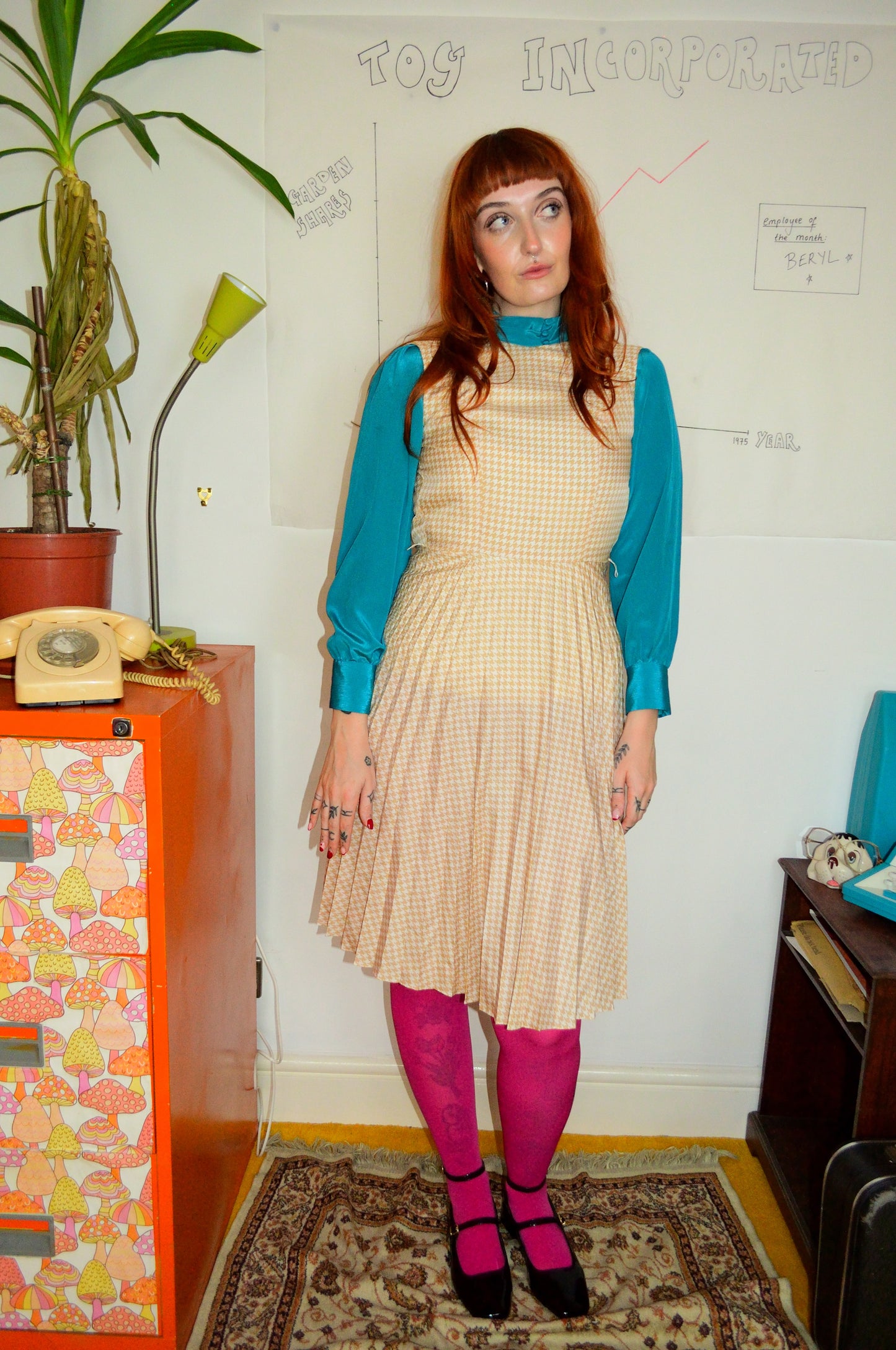 Vintage 60s Tom & Tina Cream Houndstooth Dress