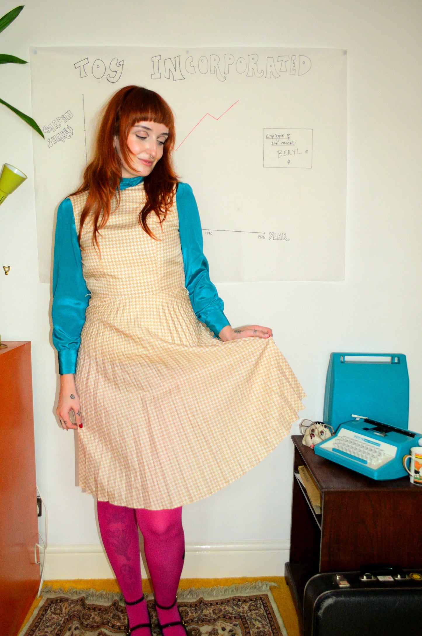 Vintage 60s Tom & Tina Cream Houndstooth Dress