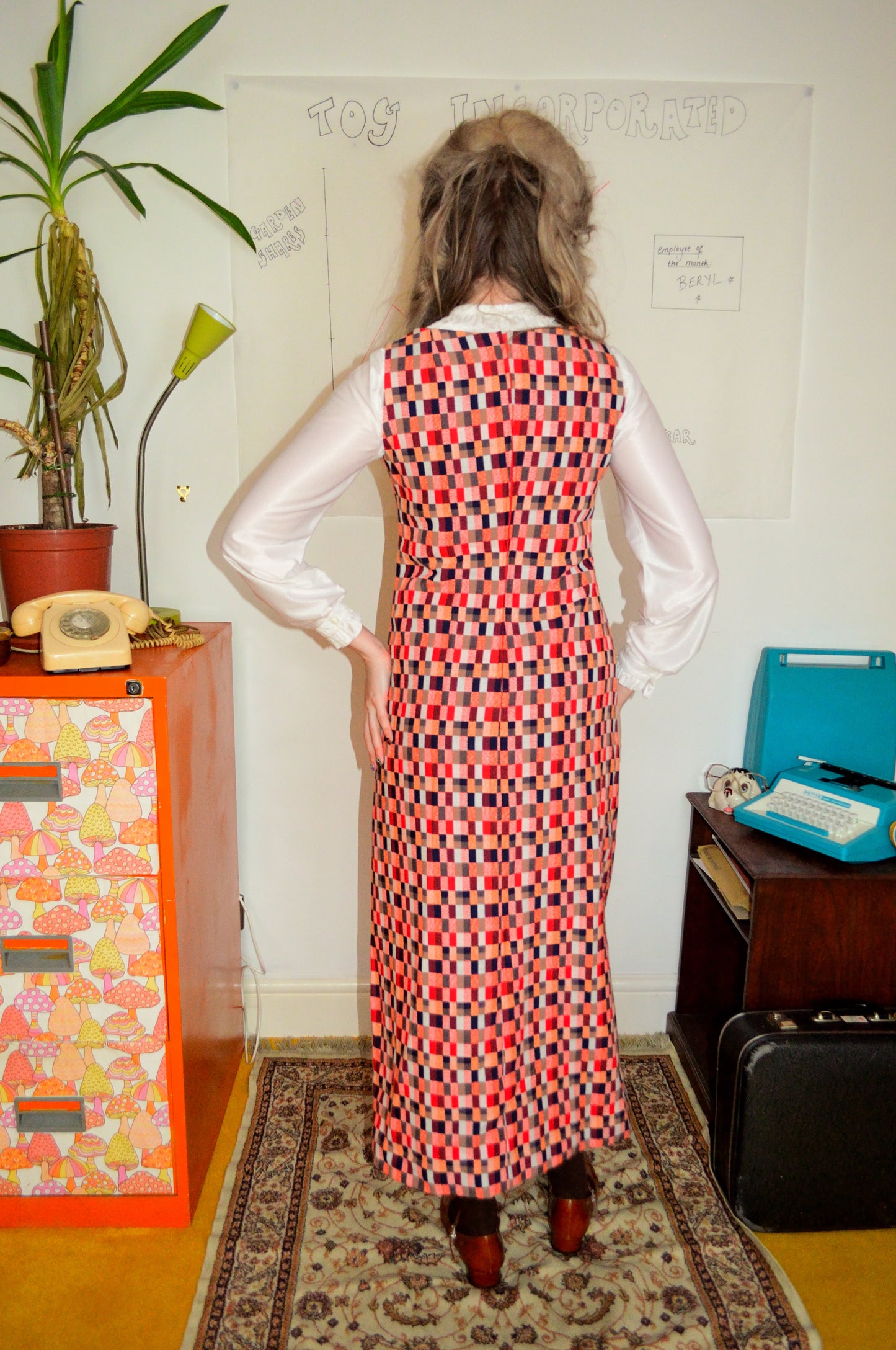 Vintage 70s Wool Checkerboard Maxi Dress
