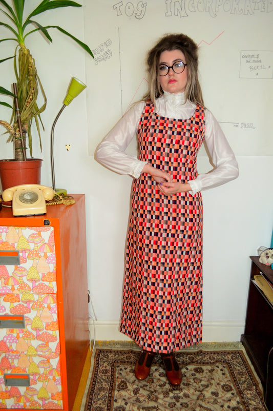 Vintage 70s Wool Checkerboard Maxi Dress