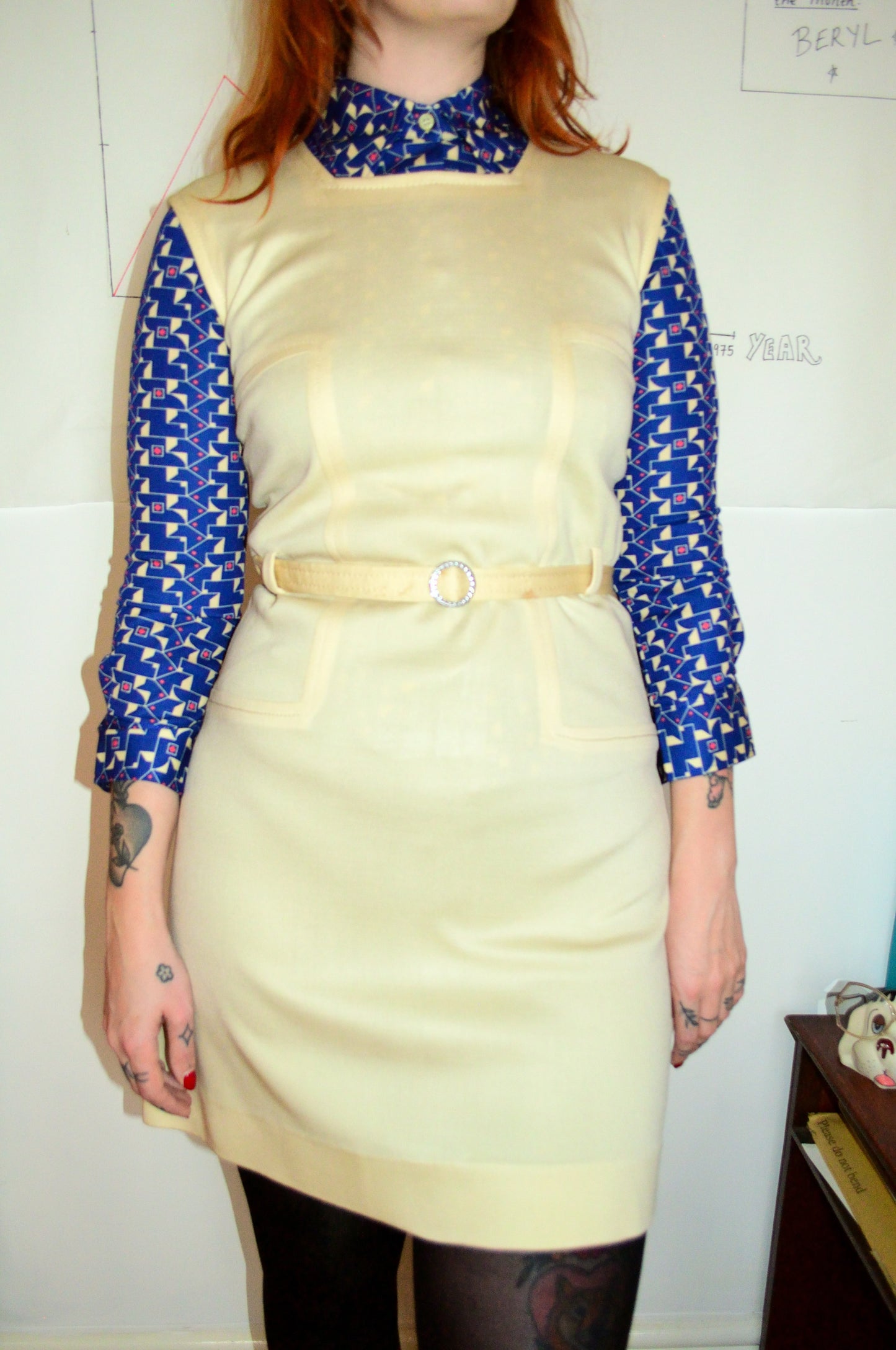 Vintage 60s Cream O Ring Knee Dress