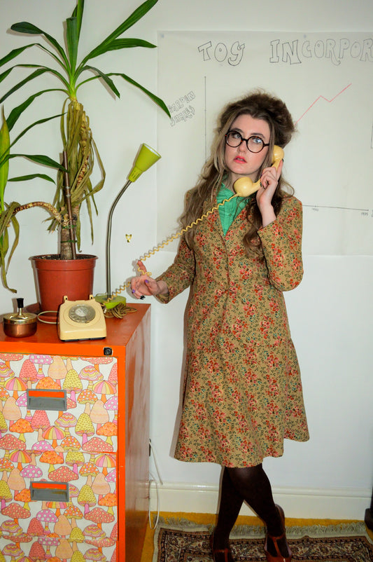 Vintage 70s St Michaels Cord Floral Two Piece Suit