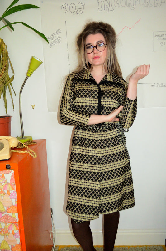 Vintage 70s Beige and Black Woven Dress