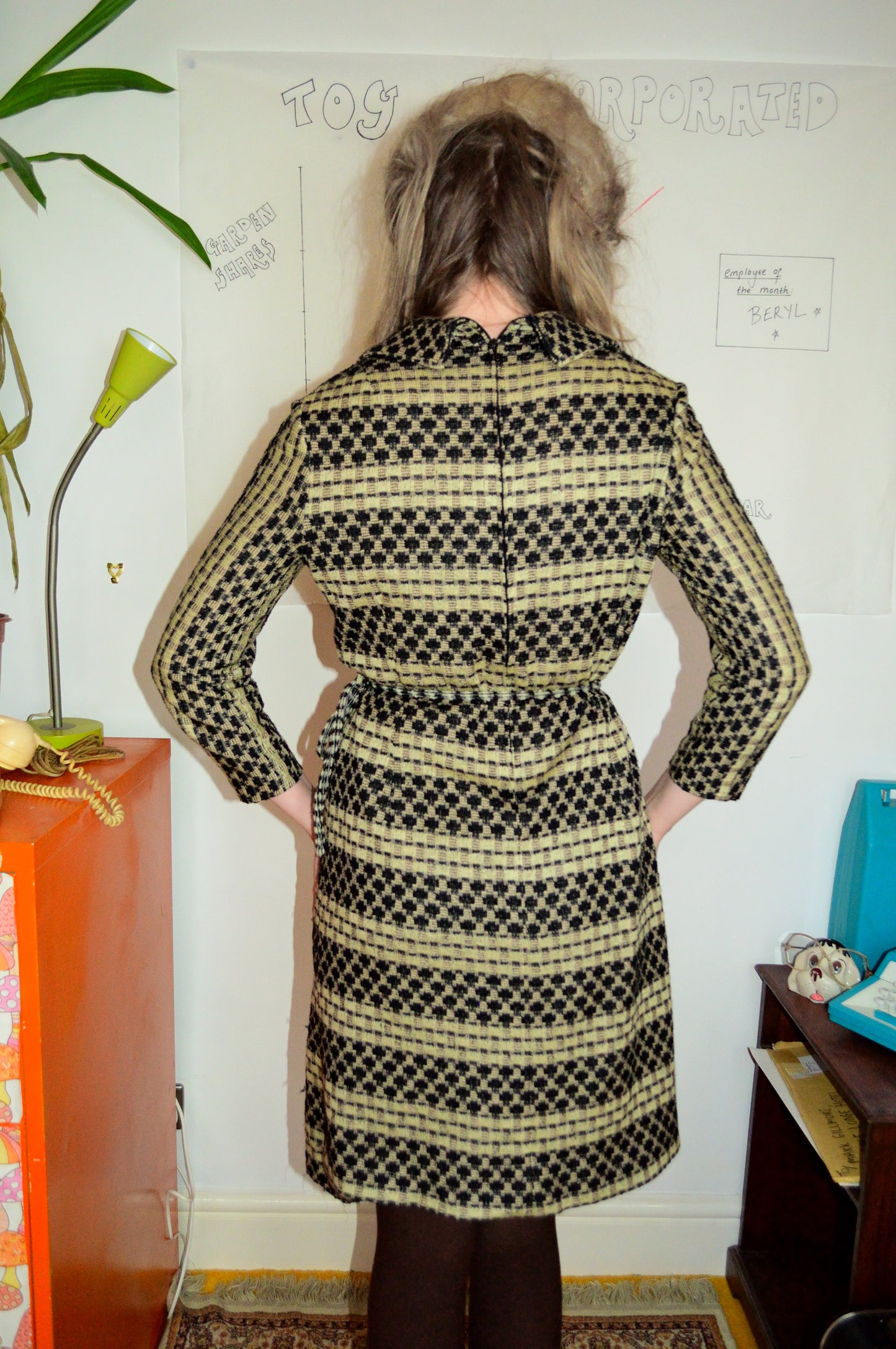 Vintage 70s Beige and Black Woven Dress