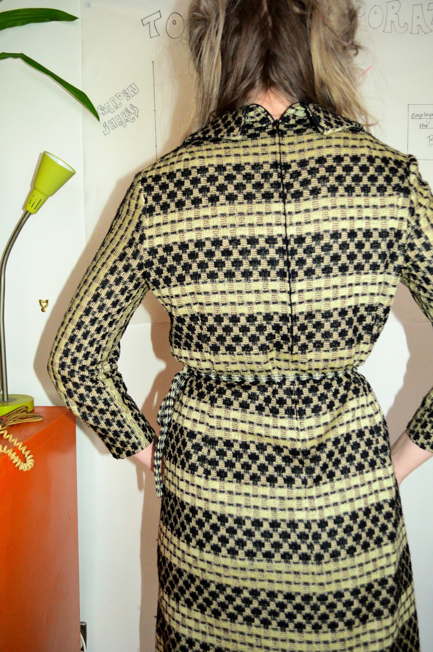 Vintage 70s Beige and Black Woven Dress