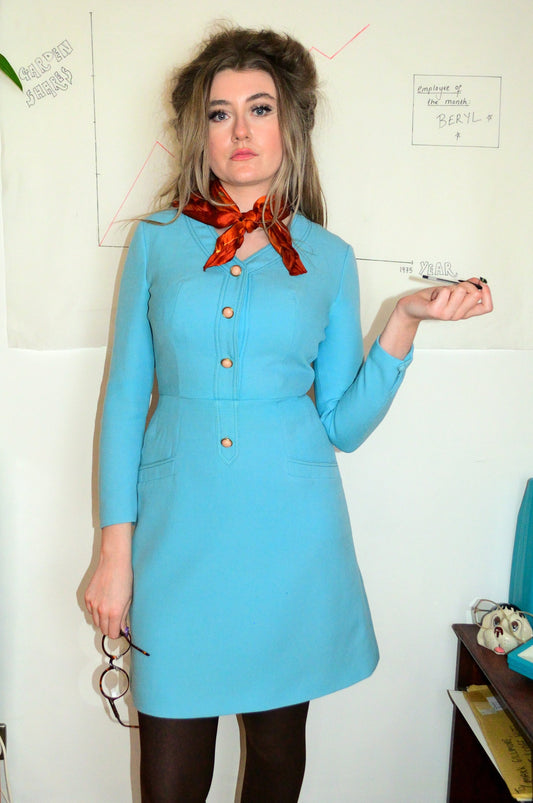 Vintage 60s Baby Blue Tailored Dress