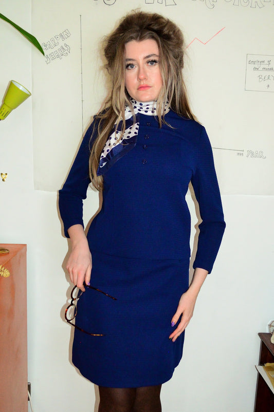 Vintage 60s Navy Blue Top and Skirt Two Piece