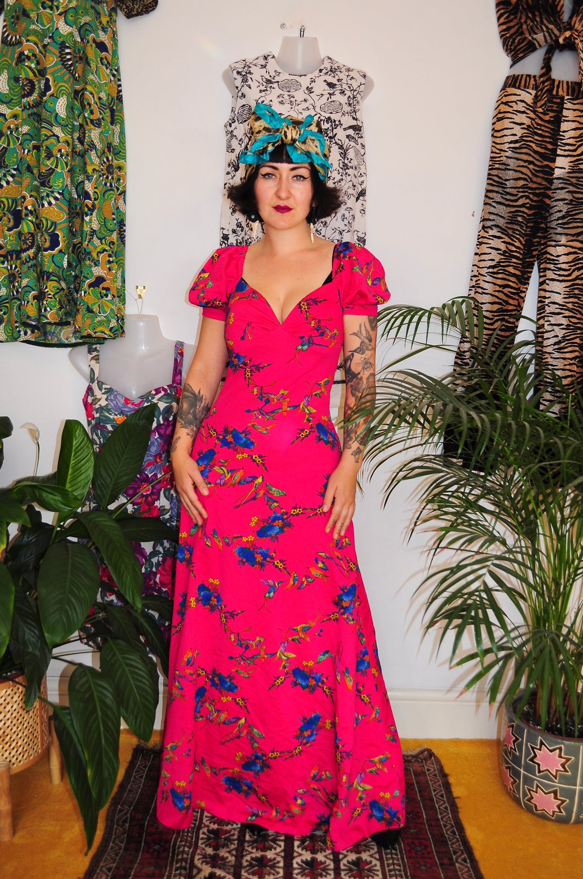 Vintage 70s Pink Bird Print Maxi Dress
