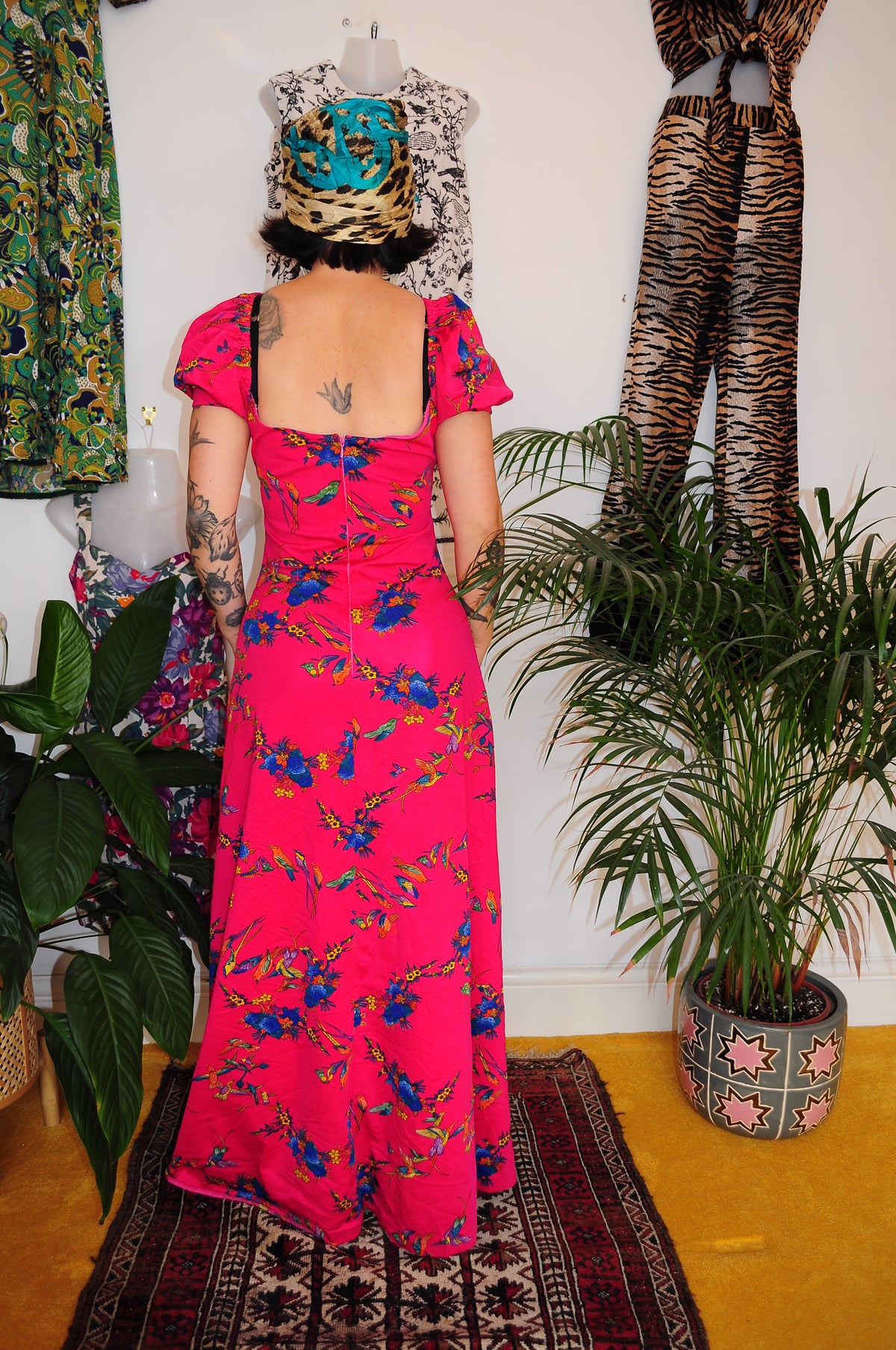 Vintage 70s Pink Bird Print Maxi Dress