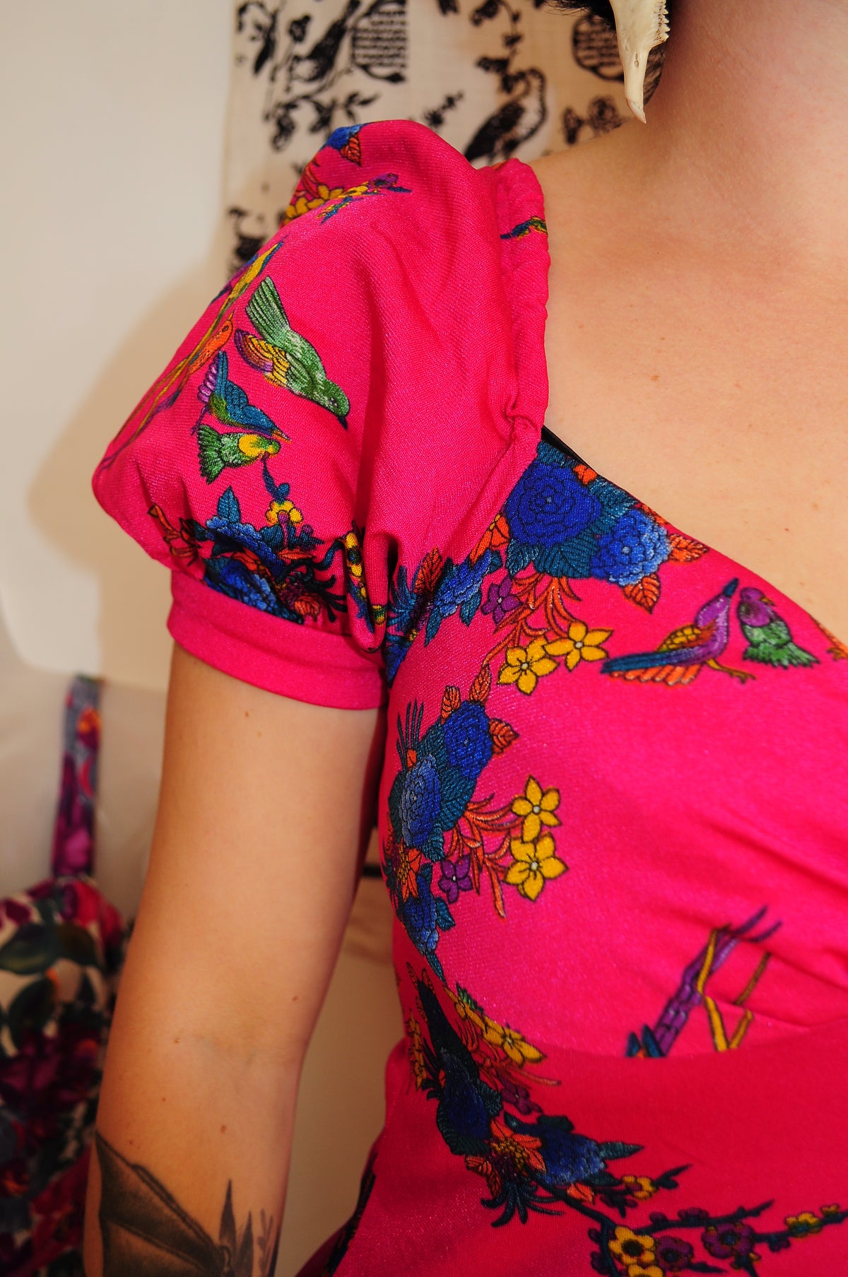 Vintage 70s Pink Bird Print Maxi Dress