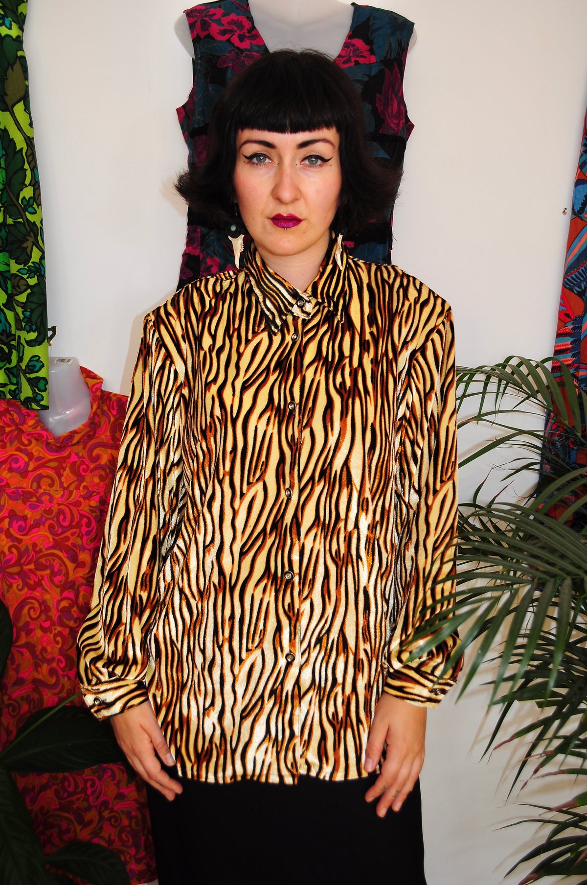 Vintage 80s Tiger Print Velour Shirt