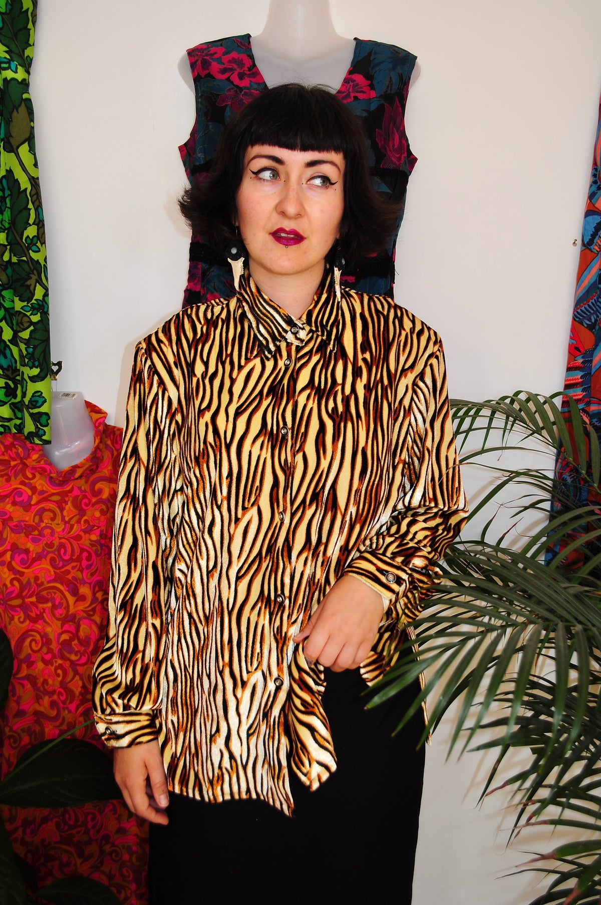 Vintage 80s Tiger Print Velour Shirt