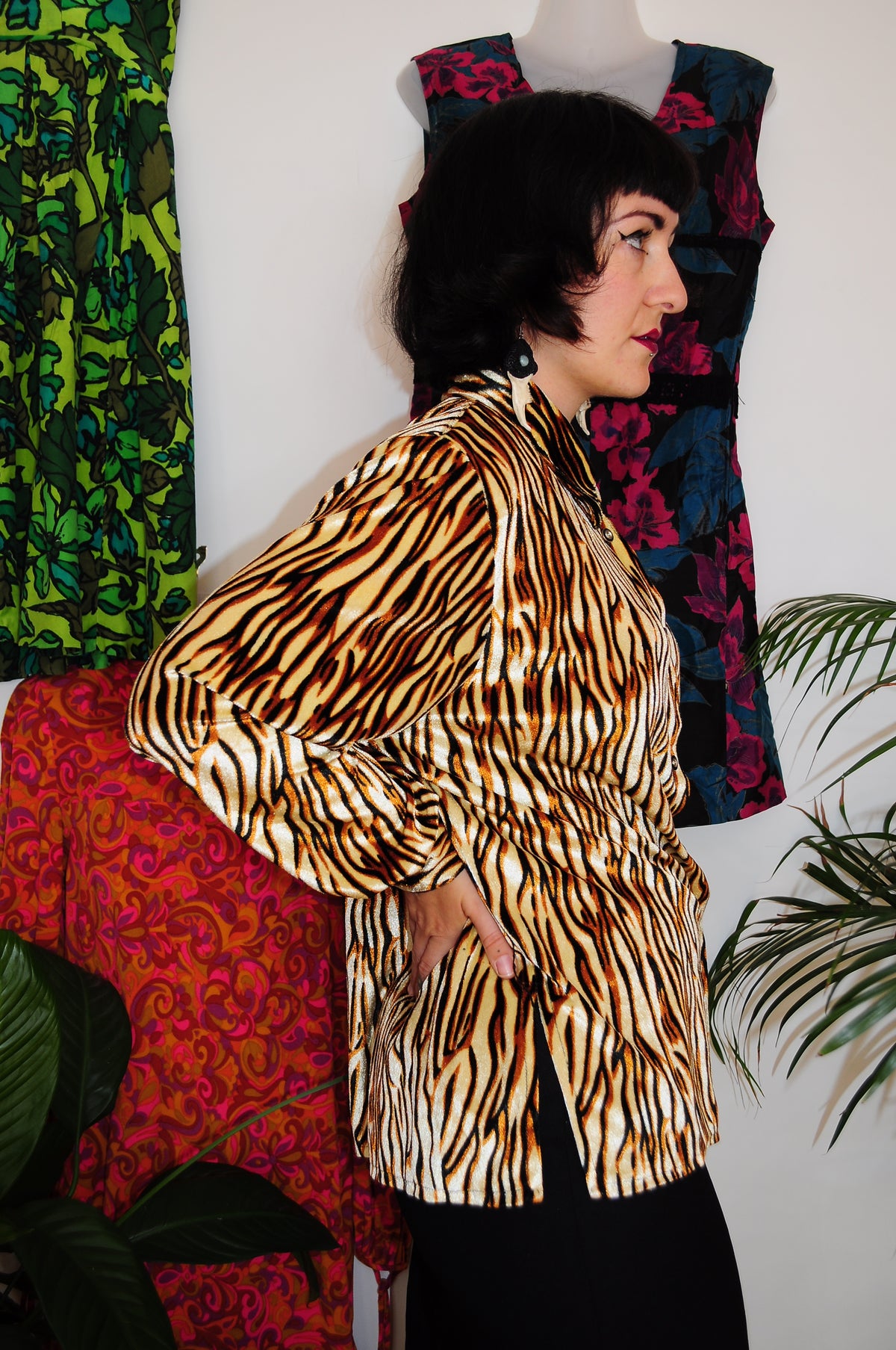 Vintage 80s Tiger Print Velour Shirt