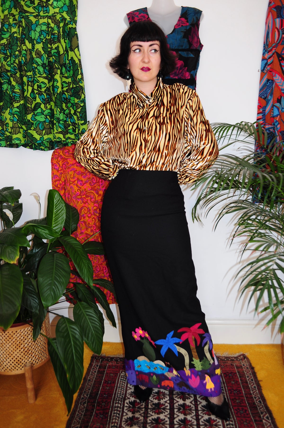 Vintage 70s Black Applique Maxi Skirt