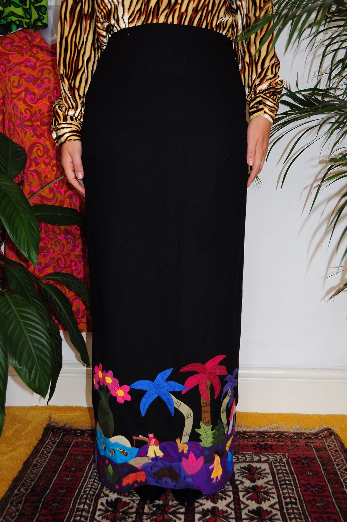 Vintage 70s Black Applique Maxi Skirt