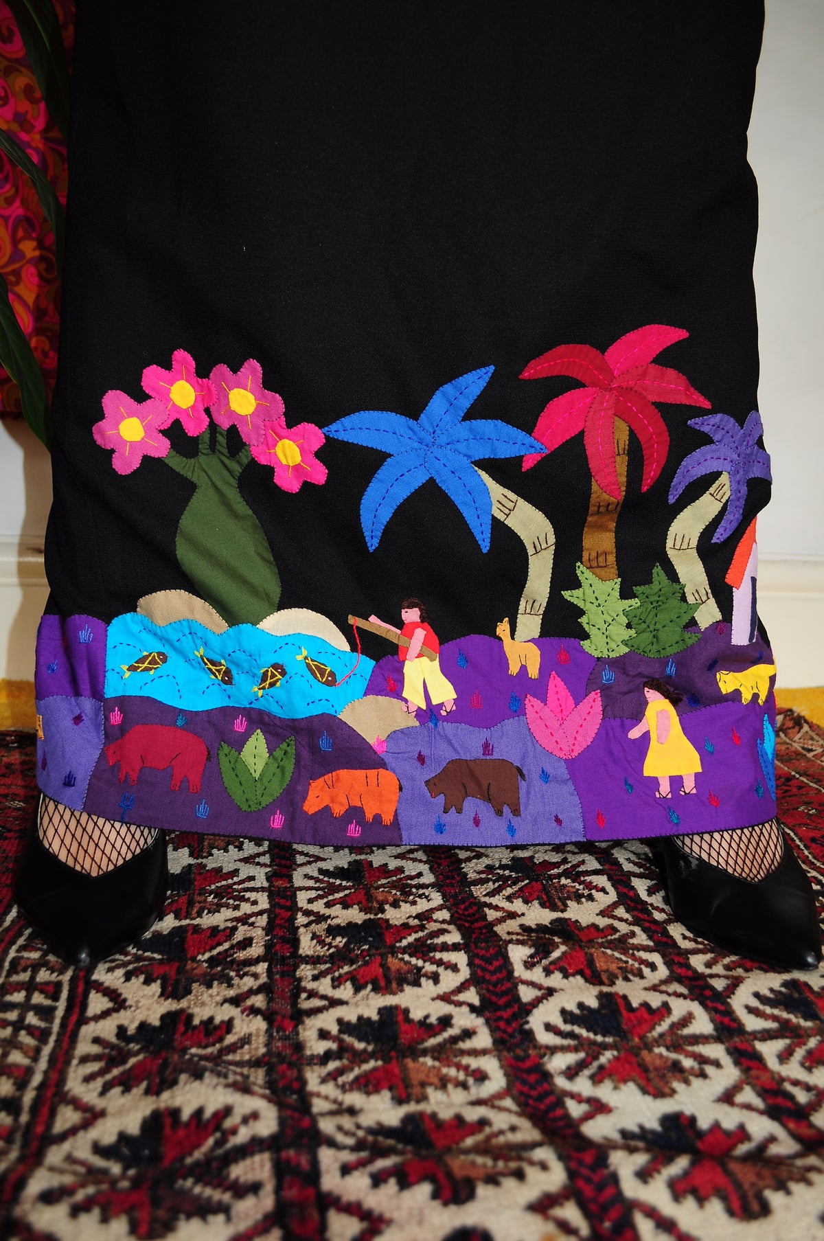 Vintage 70s Black Applique Maxi Skirt