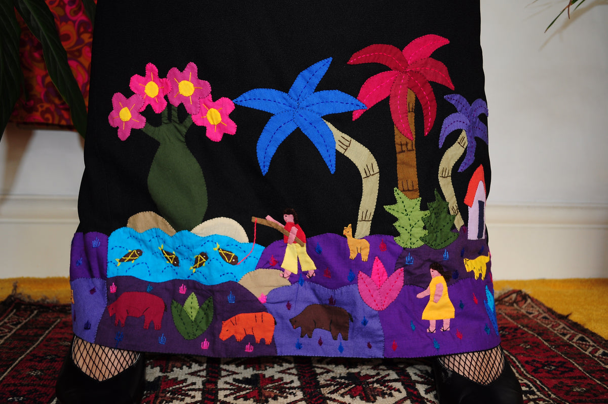 Vintage 70s Black Applique Maxi Skirt