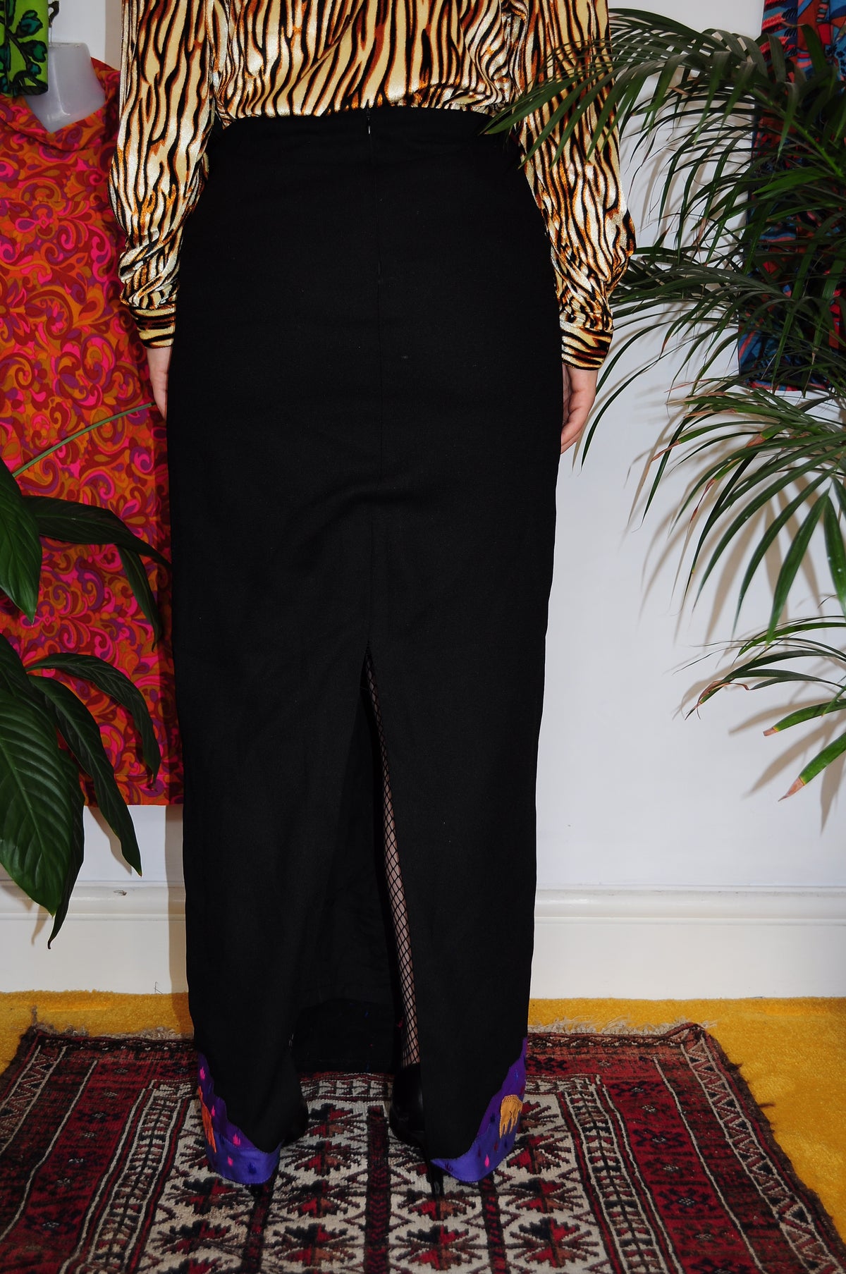 Vintage 70s Black Applique Maxi Skirt