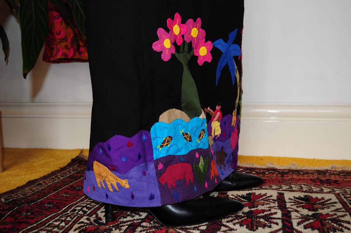 Vintage 70s Black Applique Maxi Skirt