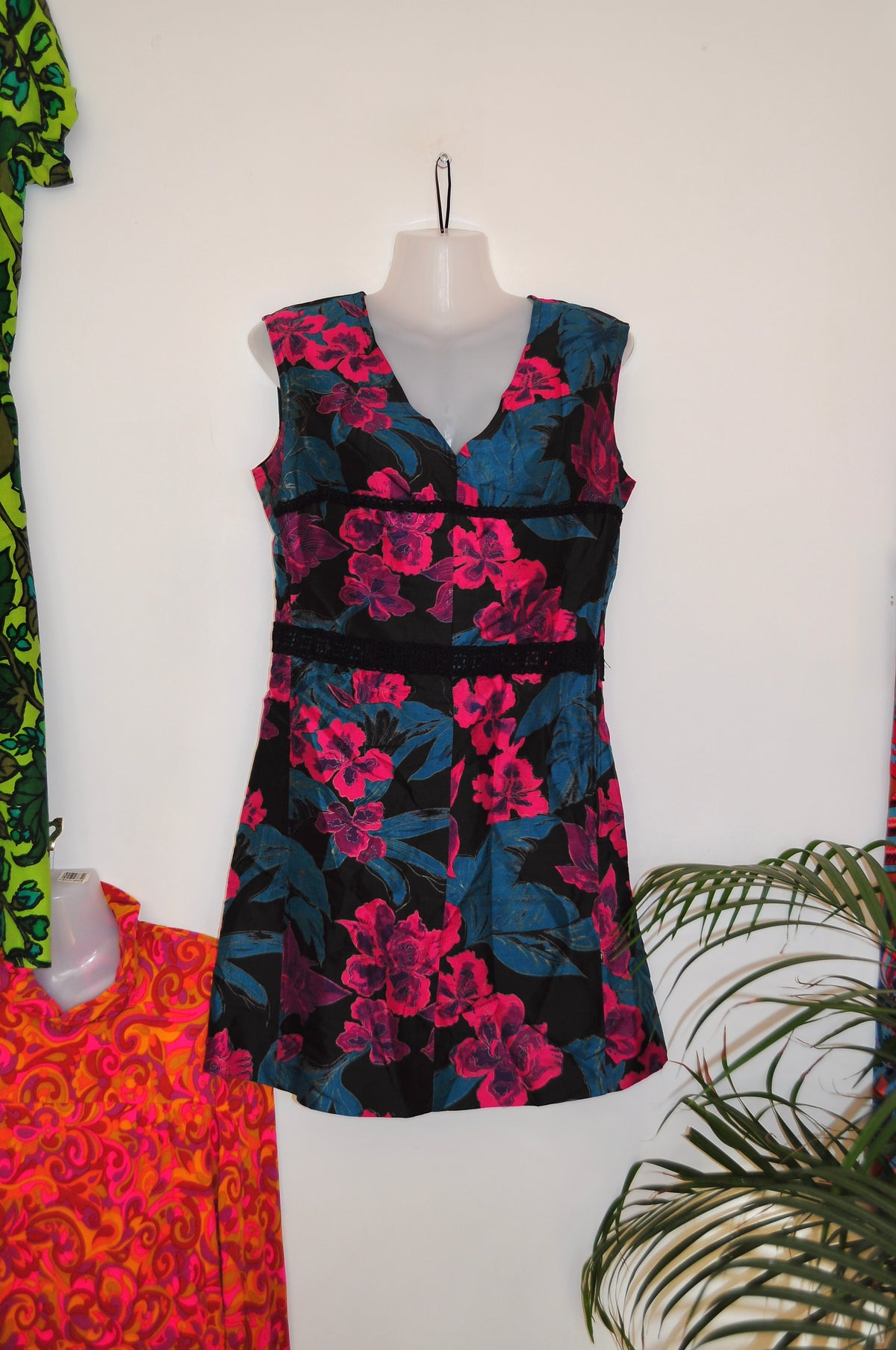 Vintage 60s Black and Purple Floral Mini Dress