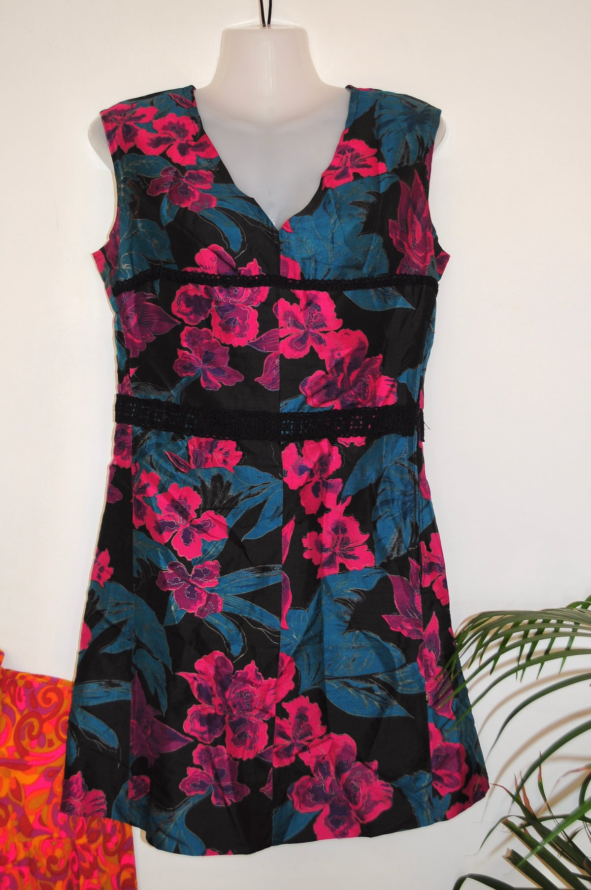 Vintage 60s Black and Purple Floral Mini Dress